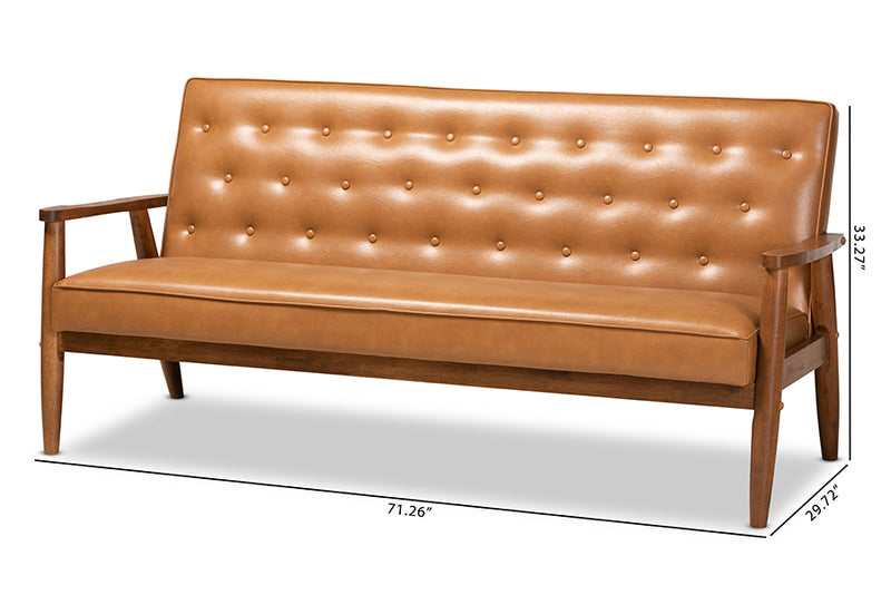 Kennedy Mid-Century Modern Tan Faux Leather Upholstered and Walnut Brown Finished Wood Sofa