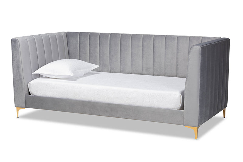 Mosa Modern Contemporary Glam and Luxe Light Gray Velvet Fabric Upholstered and Gold Finished Twin Size Daybed