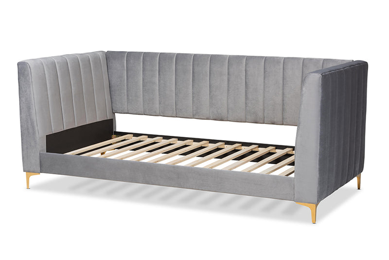 Mosa Modern Contemporary Glam and Luxe Light Gray Velvet Fabric Upholstered and Gold Finished Twin Size Daybed