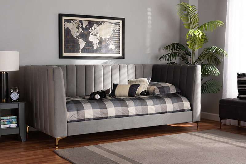 Mosa Modern Contemporary Glam and Luxe Light Gray Velvet Fabric Upholstered and Gold Finished Twin Size Daybed