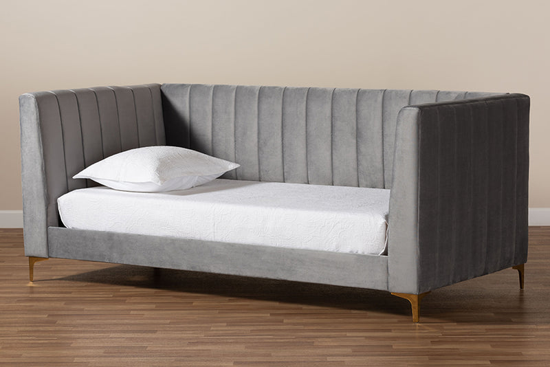 Mosa Modern Contemporary Glam and Luxe Light Gray Velvet Fabric Upholstered and Gold Finished Twin Size Daybed