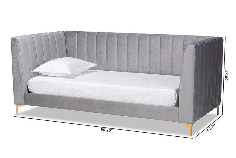 Mosa Modern Contemporary Glam and Luxe Light Gray Velvet Fabric Upholstered and Gold Finished Twin Size Daybed