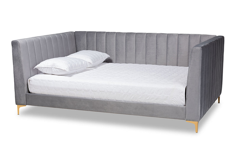 Mosa Modern Contemporary Glam and Luxe Light Gray Velvet Fabric Upholstered and Gold Finished Full Size Daybed