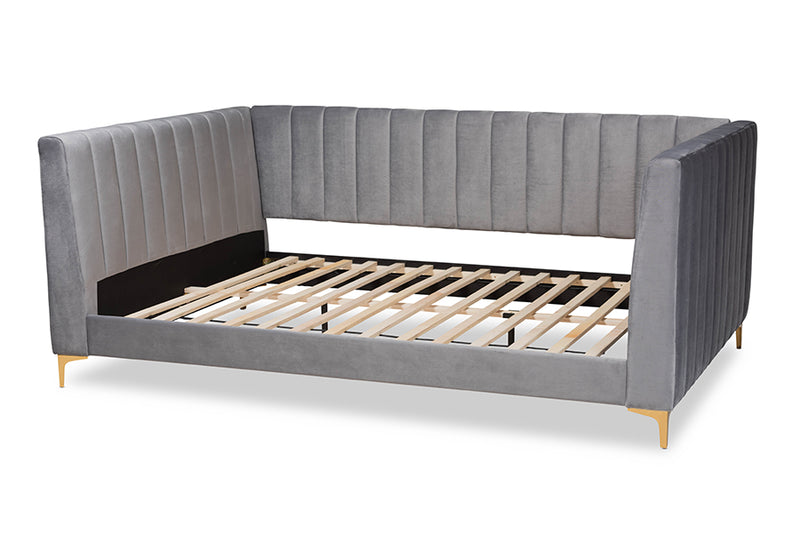 Mosa Modern Contemporary Glam and Luxe Light Gray Velvet Fabric Upholstered and Gold Finished Full Size Daybed