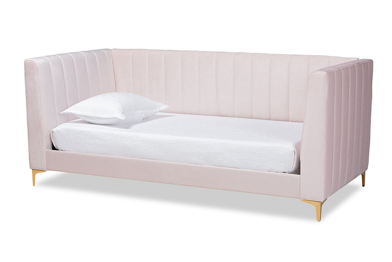 Mosa Modern Contemporary Glam and Luxe Light Pink Velvet Fabric Upholstered and Gold Finished Twin Size Daybed