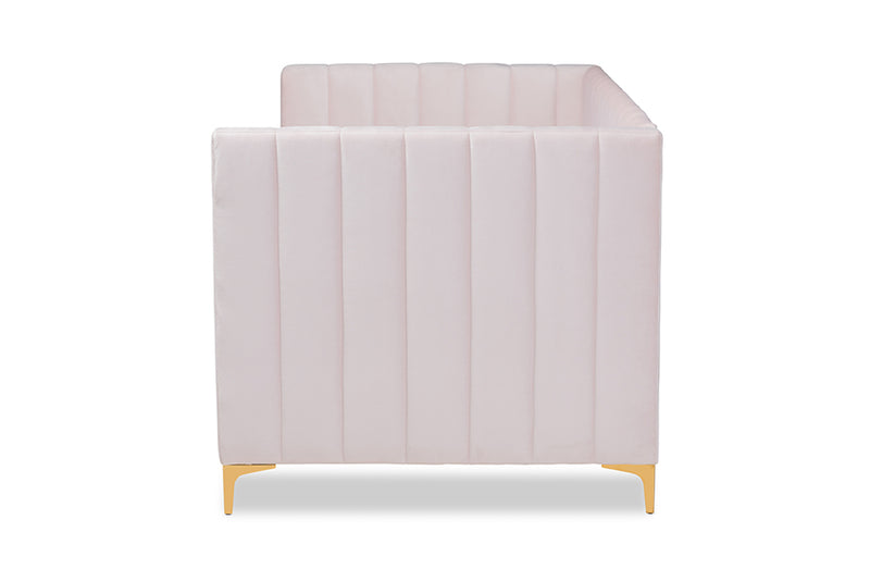 Mosa Modern Contemporary Glam and Luxe Light Pink Velvet Fabric Upholstered and Gold Finished Twin Size Daybed