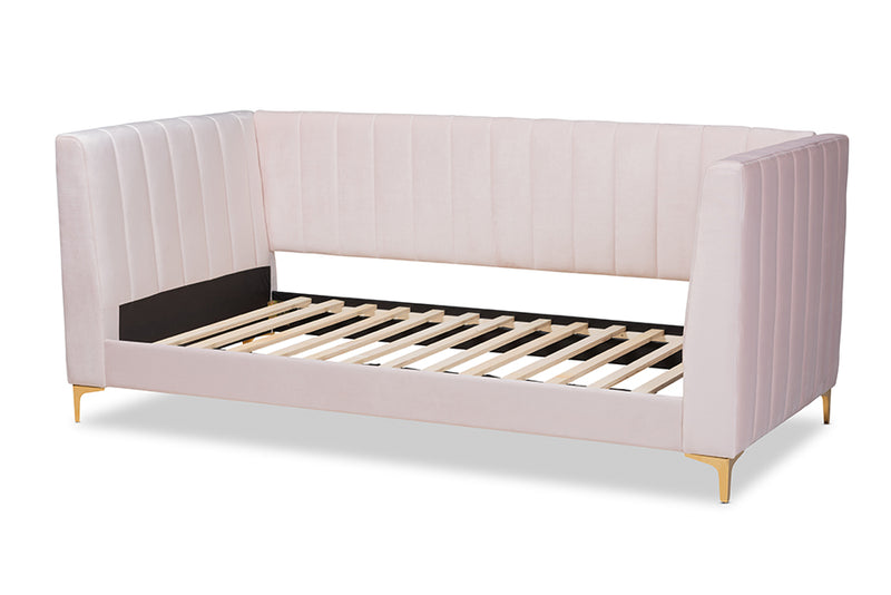 Mosa Modern Contemporary Glam and Luxe Light Pink Velvet Fabric Upholstered and Gold Finished Twin Size Daybed