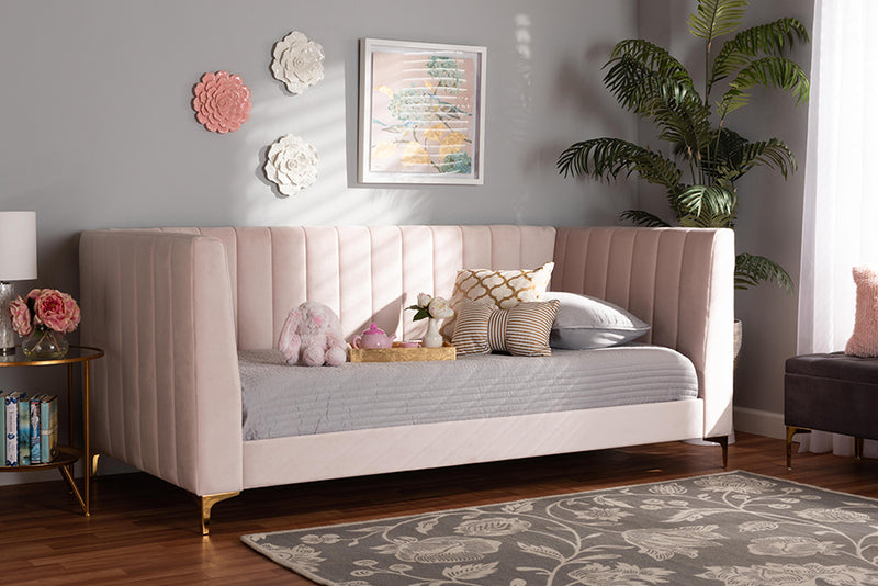 Mosa Modern Contemporary Glam and Luxe Light Pink Velvet Fabric Upholstered and Gold Finished Twin Size Daybed