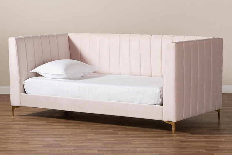 Mosa Modern Contemporary Glam and Luxe Light Pink Velvet Fabric Upholstered and Gold Finished Twin Size Daybed