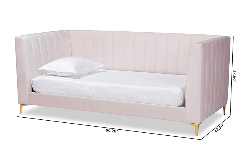 Mosa Modern Contemporary Glam and Luxe Light Pink Velvet Fabric Upholstered and Gold Finished Twin Size Daybed