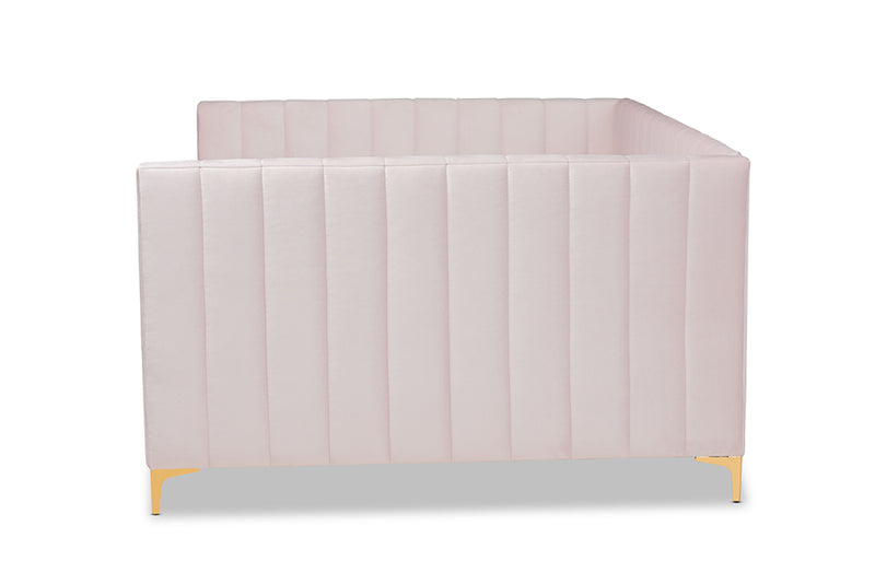 Mosa Modern Contemporary Glam and Luxe Light Pink Velvet Fabric Upholstered and Gold Finished Full Size Daybed