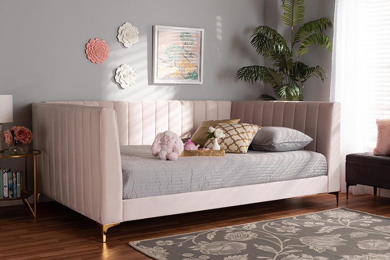 Mosa Modern Contemporary Glam and Luxe Light Pink Velvet Fabric Upholstered and Gold Finished Full Size Daybed