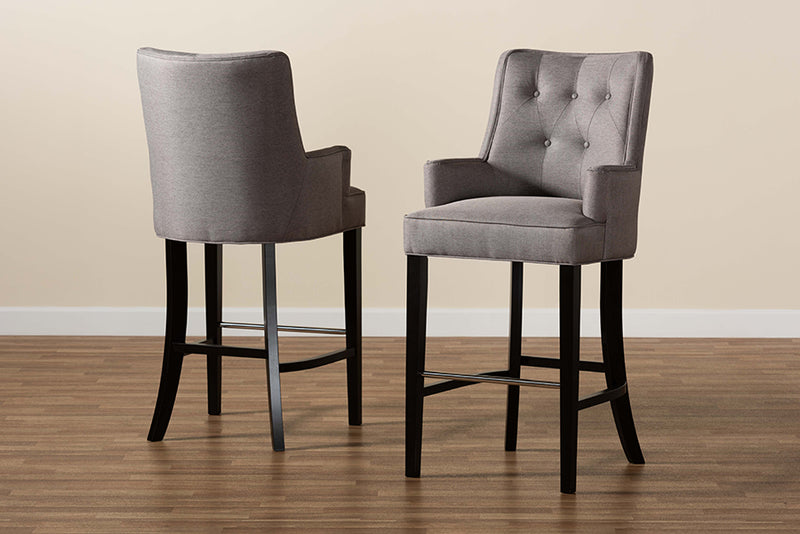 Umika Modern and Contemporary Gray Fabric Upholstered and Dark Brown Finished Wood 2-Piece Bar Stool Set