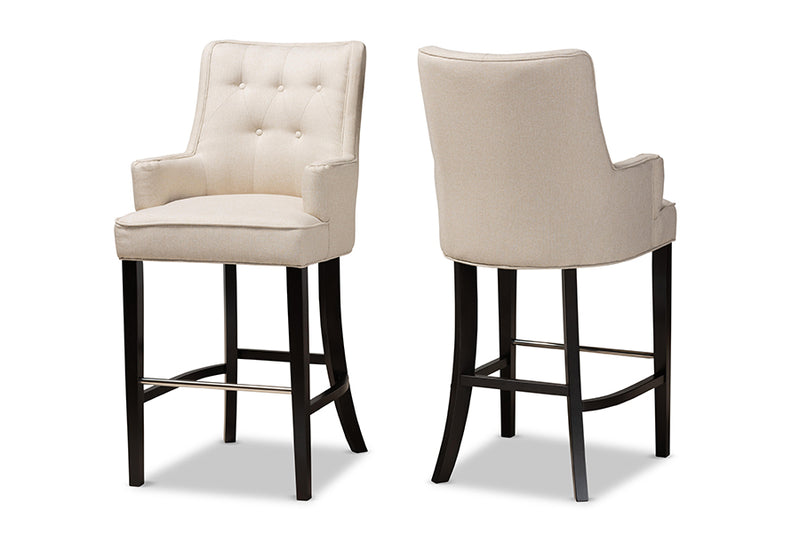 Umika Modern and Contemporary Light Beige Fabric Upholstered and Dark Brown Finished Wood 2-Piece Bar Stool Set