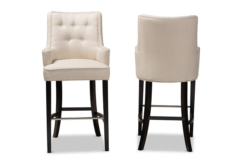 Umika Modern and Contemporary Light Beige Fabric Upholstered and Dark Brown Finished Wood 2-Piece Bar Stool Set