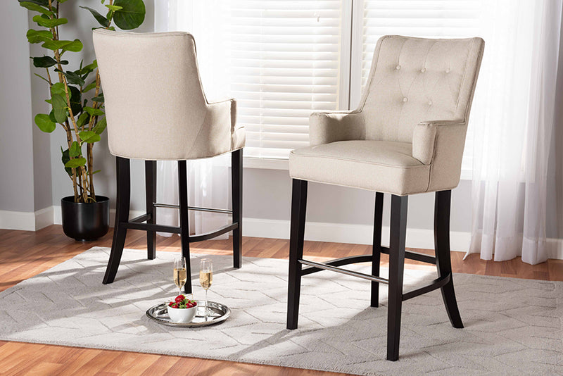 Umika Modern and Contemporary Light Beige Fabric Upholstered and Dark Brown Finished Wood 2-Piece Bar Stool Set