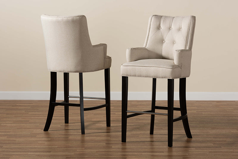 Umika Modern and Contemporary Light Beige Fabric Upholstered and Dark Brown Finished Wood 2-Piece Bar Stool Set