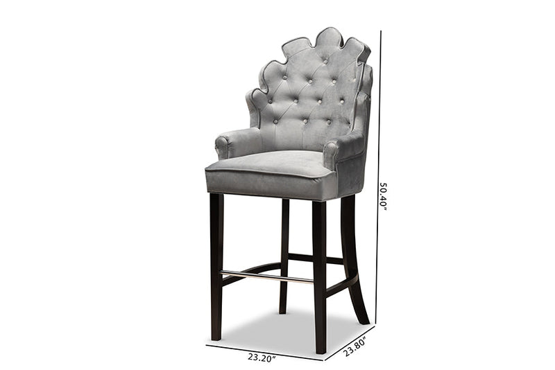 Stewart Dark Gray Velvet Dark Brown 2Pc Bar Stool Set Baxton
