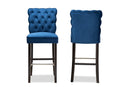 Nevena Navy Blue Velvet Fabric Dark Brown 2Pc Bar Stool Set Baxton