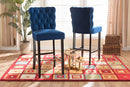 Nevena Navy Blue Velvet Fabric Dark Brown 2Pc Bar Stool Set Baxton