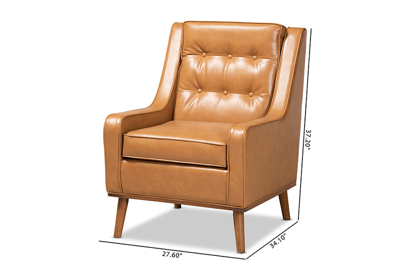 Aurelie Modern and Contemporary Tan Faux Leather Upholstered and Walnut Brown Finished Wood Lounge Armchair