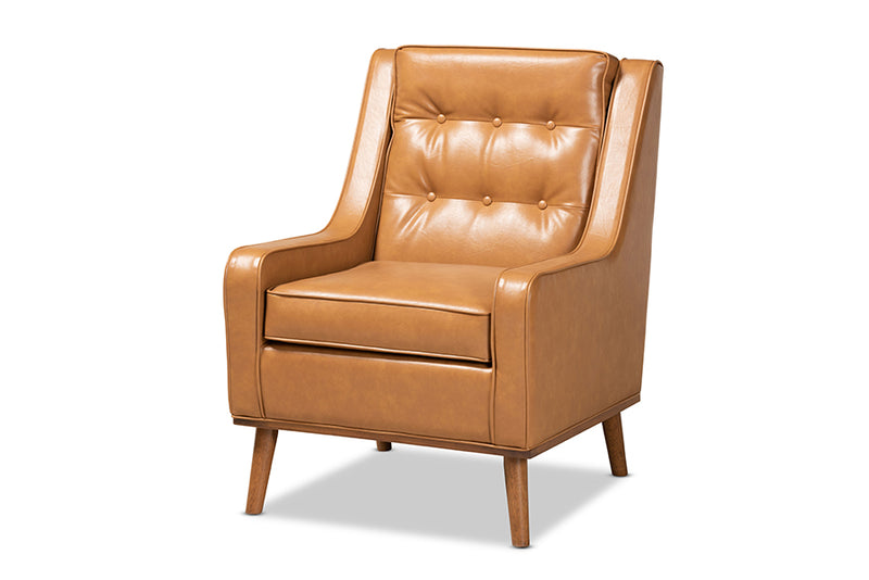 Aurelie Modern and Contemporary Tan Faux Leather Upholstered and Walnut Brown Finished Wood Lounge Armchair