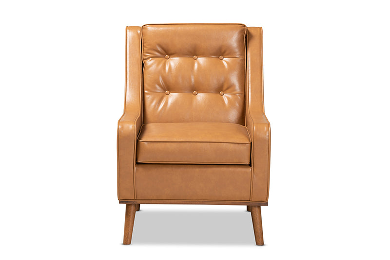 Aurelie Modern and Contemporary Tan Faux Leather Upholstered and Walnut Brown Finished Wood Lounge Armchair