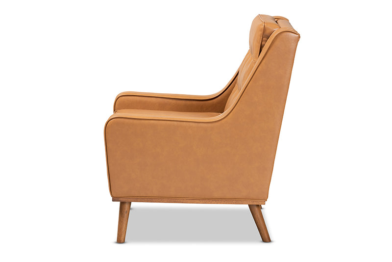 Aurelie Modern and Contemporary Tan Faux Leather Upholstered and Walnut Brown Finished Wood Lounge Armchair