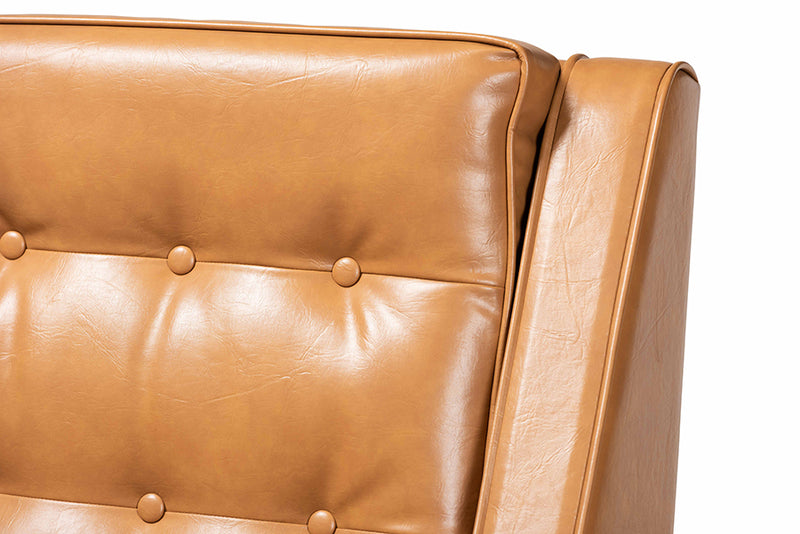 Aurelie Modern and Contemporary Tan Faux Leather Upholstered and Walnut Brown Finished Wood Lounge Armchair