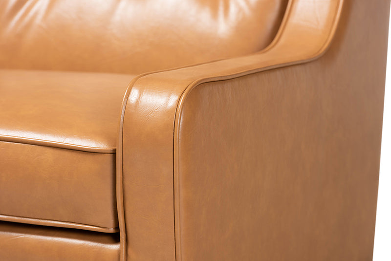 Aurelie Modern and Contemporary Tan Faux Leather Upholstered and Walnut Brown Finished Wood Lounge Armchair