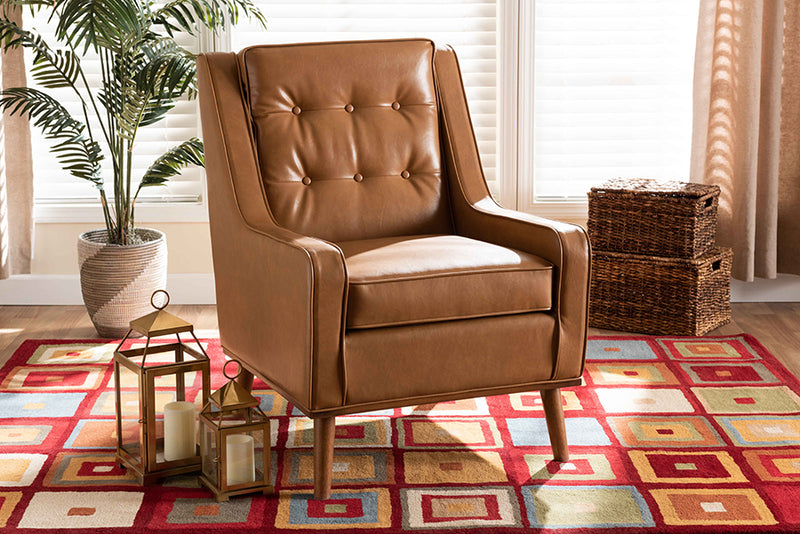 Aurelie Modern and Contemporary Tan Faux Leather Upholstered and Walnut Brown Finished Wood Lounge Armchair