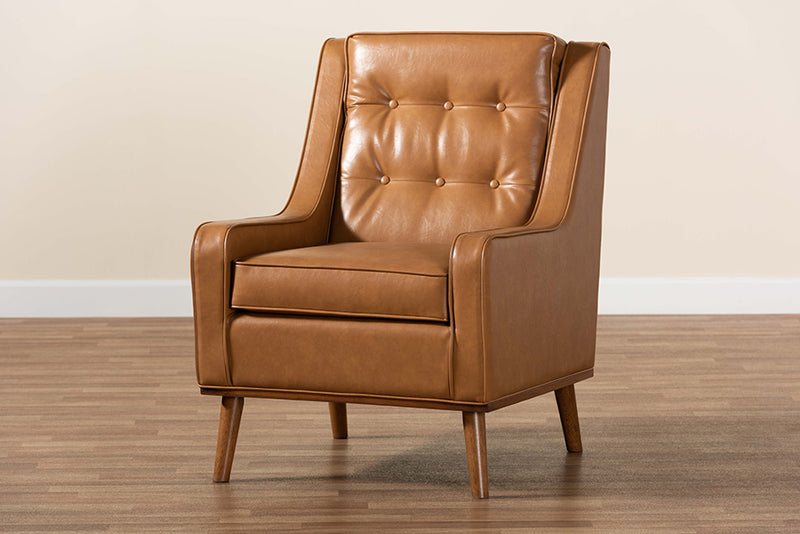 Aurelie Modern and Contemporary Tan Faux Leather Upholstered and Walnut Brown Finished Wood Lounge Armchair