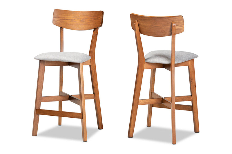 Maeron Gray Fabric Walnut Brown 2Pc Counter Stool Set Baxton