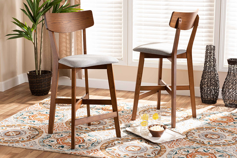 Maeron Modern and Contemporary Gray Fabric Upholstered and Walnut Brown Finished Wood 2-Piece Counter Stool Set