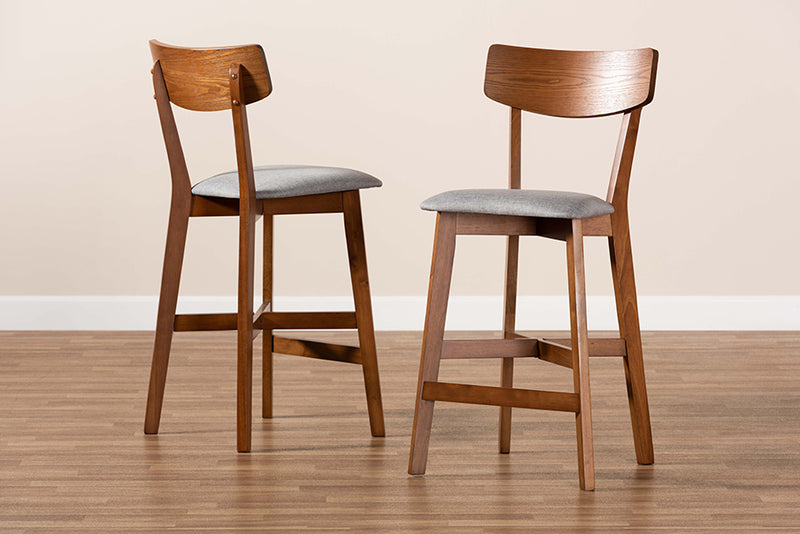 Maeron Modern and Contemporary Gray Fabric Upholstered and Walnut Brown Finished Wood 2-Piece Counter Stool Set