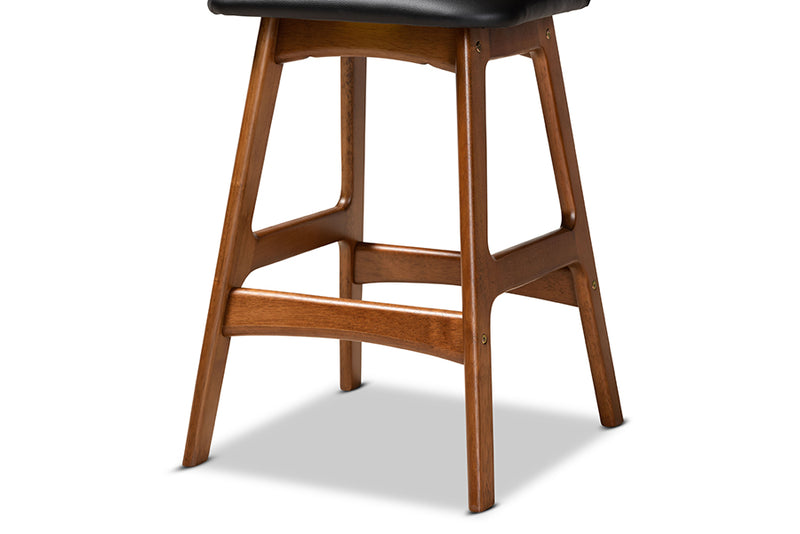 Ontario Mid-Century Modern Black Faux Leather Upholstered and Walnut Brown Finished Wood 2-Piece Counter Stool Set