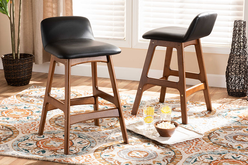 Ontario Mid-Century Modern Black Faux Leather Upholstered and Walnut Brown Finished Wood 2-Piece Counter Stool Set