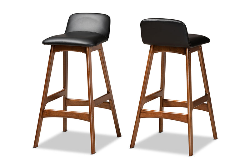 Ontario Mid-Century Modern Black Faux Leather Upholstered and Walnut Brown Finished Wood 2-Piece Bar Stool Set