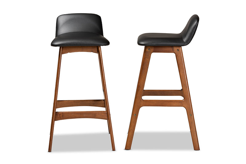 Ontario Mid-Century Modern Black Faux Leather Upholstered and Walnut Brown Finished Wood 2-Piece Bar Stool Set