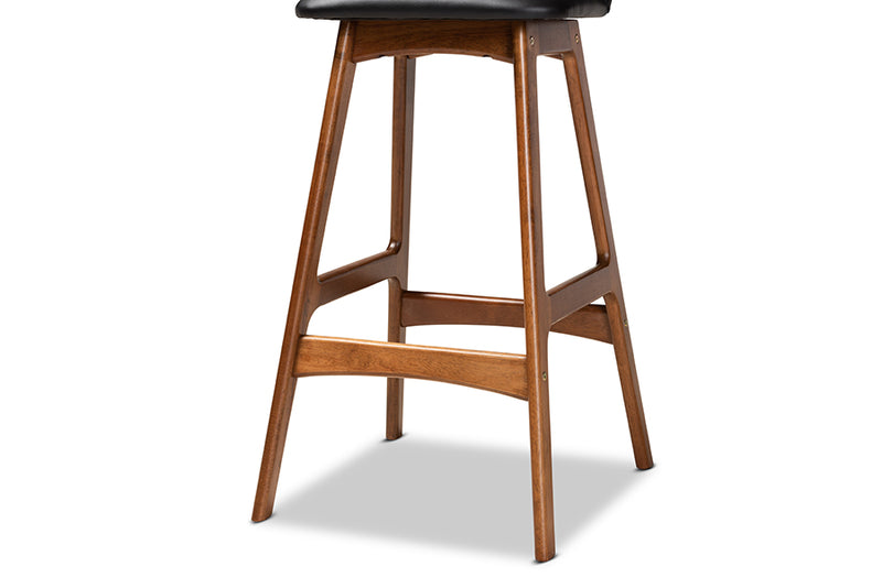 Ontario Mid-Century Modern Black Faux Leather Upholstered and Walnut Brown Finished Wood 2-Piece Bar Stool Set