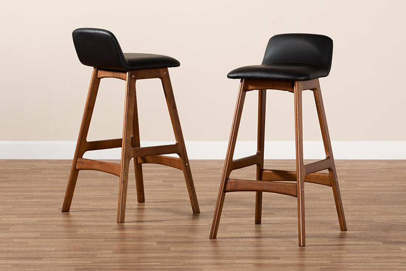 Ontario Mid-Century Modern Black Faux Leather Upholstered and Walnut Brown Finished Wood 2-Piece Bar Stool Set