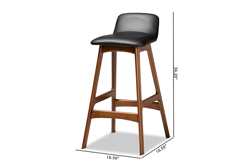 Ontario Mid-Century Modern Black Faux Leather Upholstered and Walnut Brown Finished Wood 2-Piece Bar Stool Set