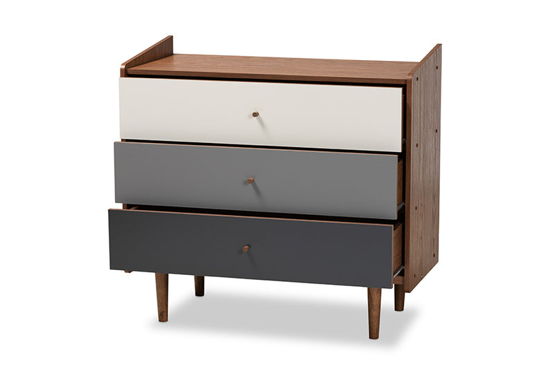 Adrina Mid-Century Modern Multicolor Walnut Brown and Gray Gradient Finished Wood 3-Drawer Chest