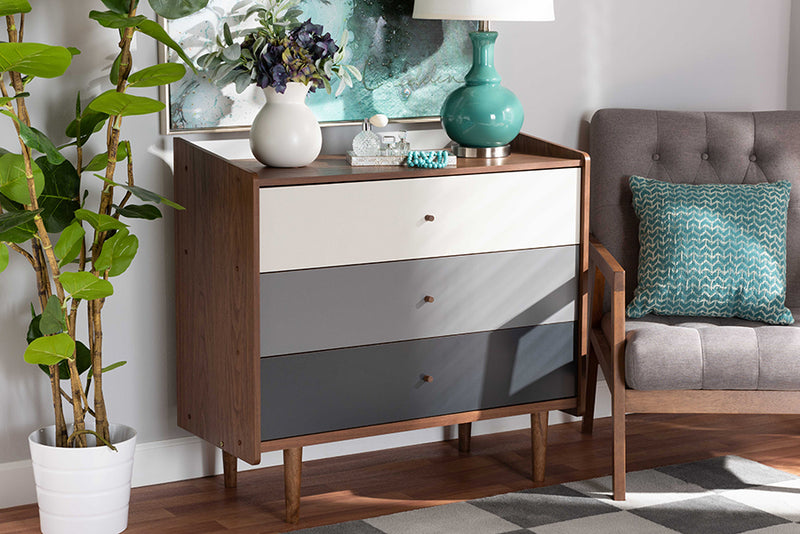 Adrina Mid-Century Modern Multicolor Walnut Brown and Gray Gradient Finished Wood 3-Drawer Chest