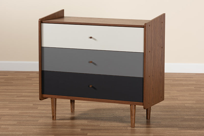 Adrina Mid-Century Modern Multicolor Walnut Brown and Gray Gradient Finished Wood 3-Drawer Chest