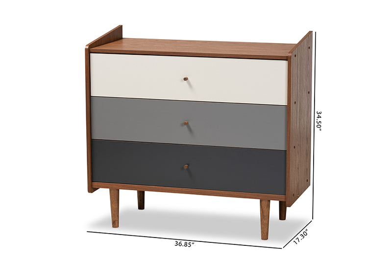 Adrina Mid-Century Modern Multicolor Walnut Brown and Gray Gradient Finished Wood 3-Drawer Chest