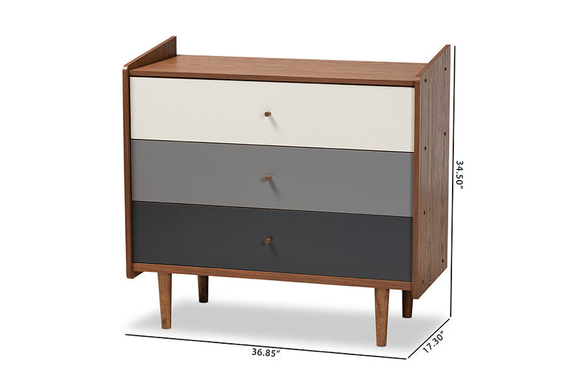 Adrina Multicolor Walnut Brown and Gray Gradient 3-Drawer Chest Baxton