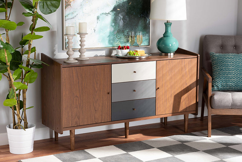 Adrina Mid-Century Modern Multicolor Walnut Brown and Gray Gradient Finished Wood 2-Door Dining Room Sideboard Buffet