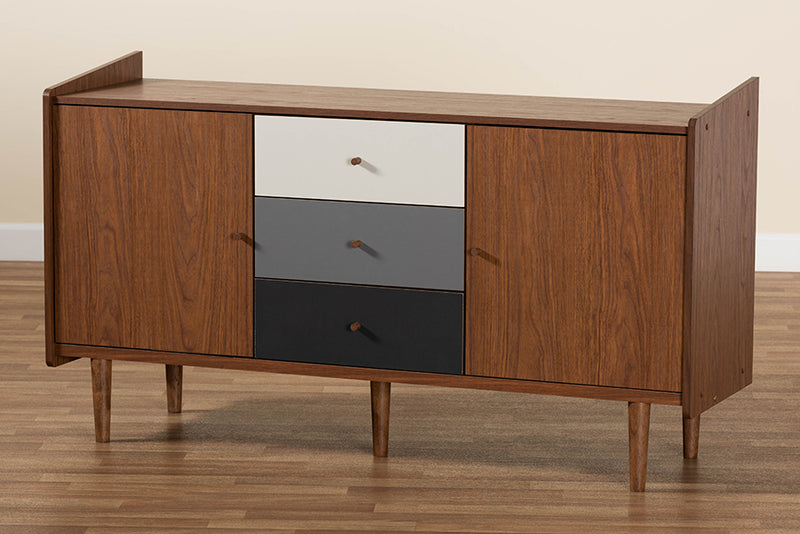 Adrina Mid-Century Modern Multicolor Walnut Brown and Gray Gradient Finished Wood 2-Door Dining Room Sideboard Buffet