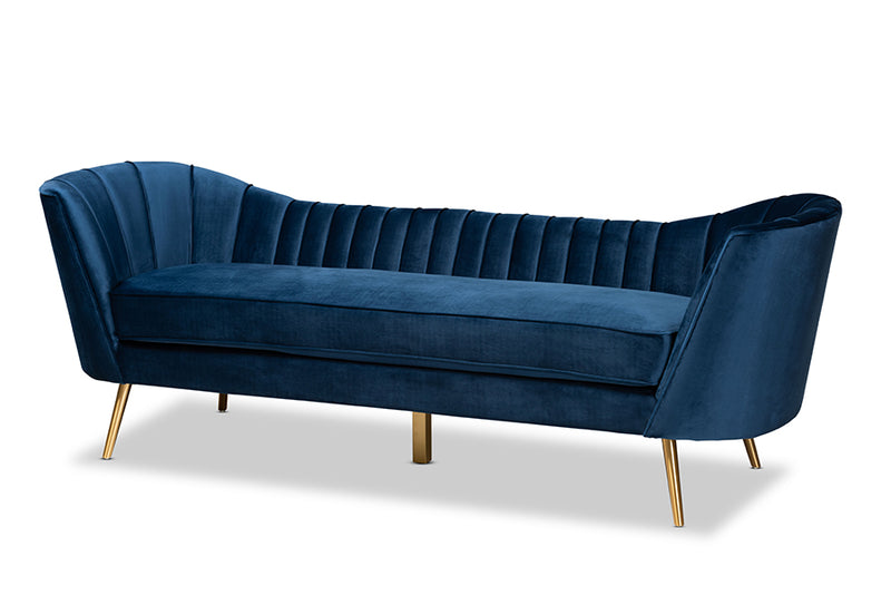 Mirna Glam and Luxe Navy Blue Velvet Fabric Upholstered and Gold Finished Sofa